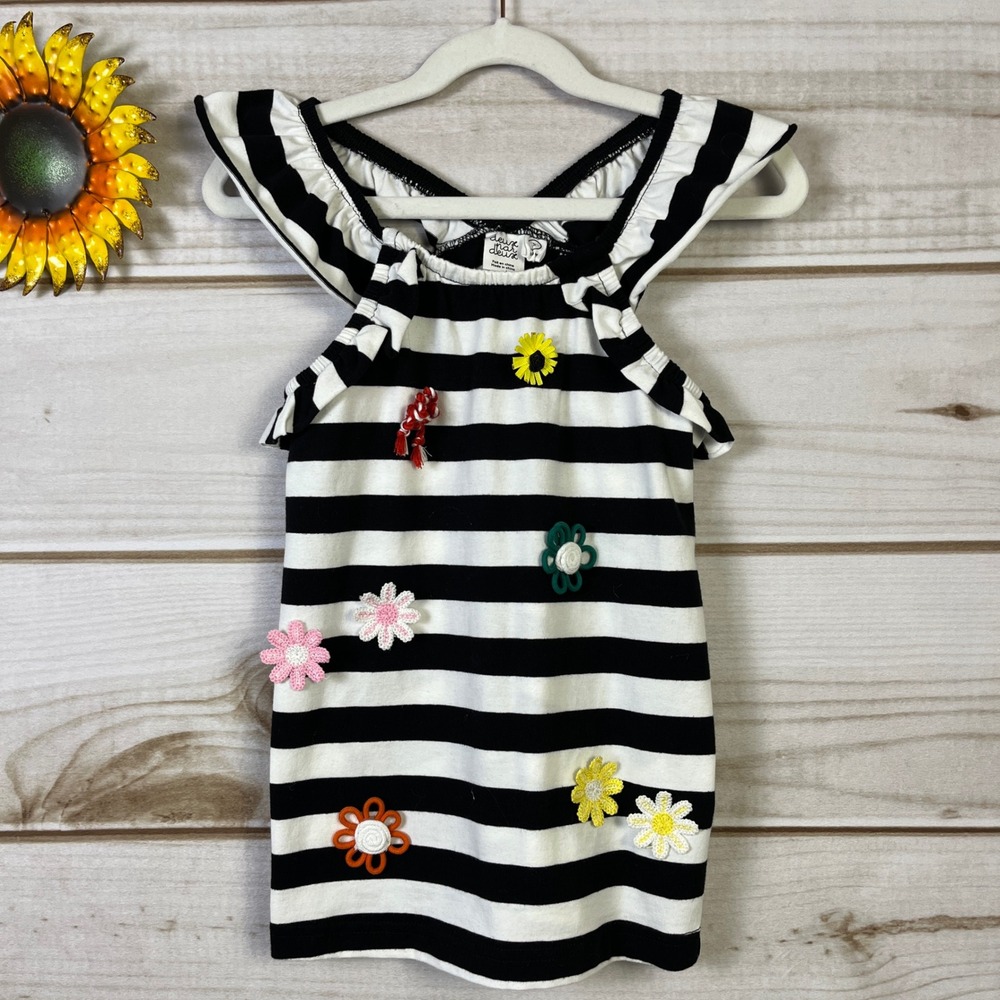 Deux par Deux Girls‎ Black White Striped Floral Applique Ruffle Tank Top Shirt 5
